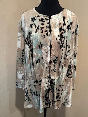 Alex Evenings Neutral, Aqua & Black Printed Button-Front Tunic